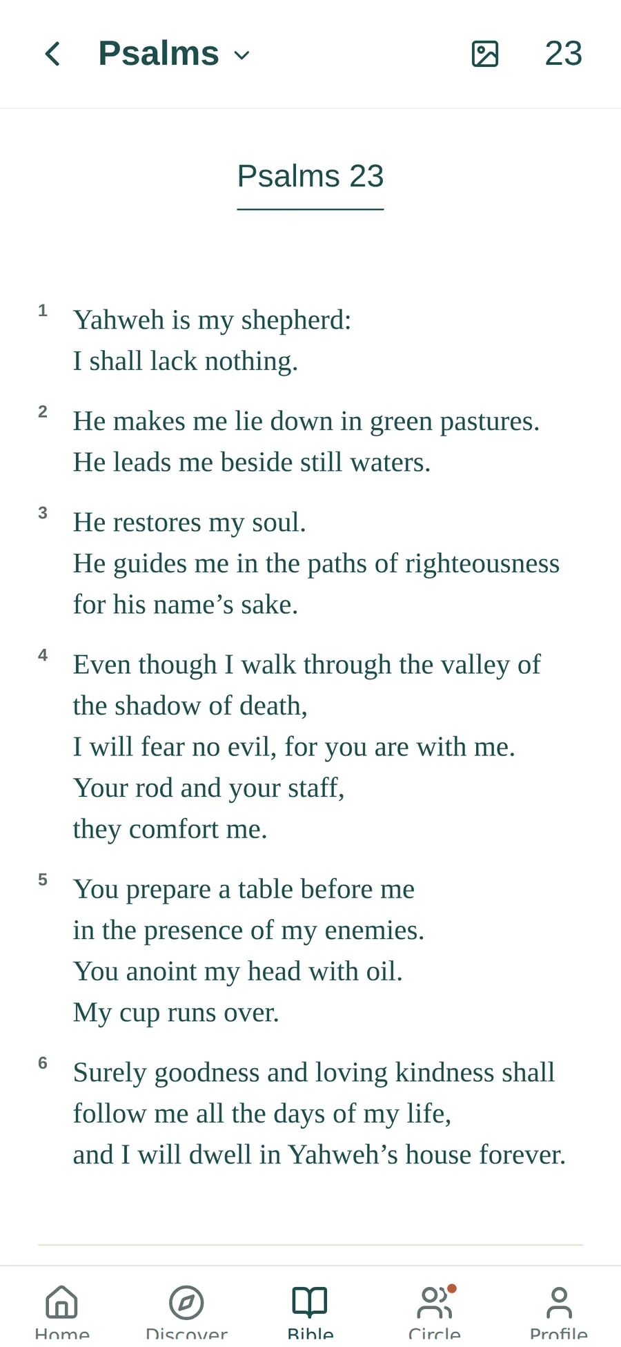 Bible reader showing Psalm 23