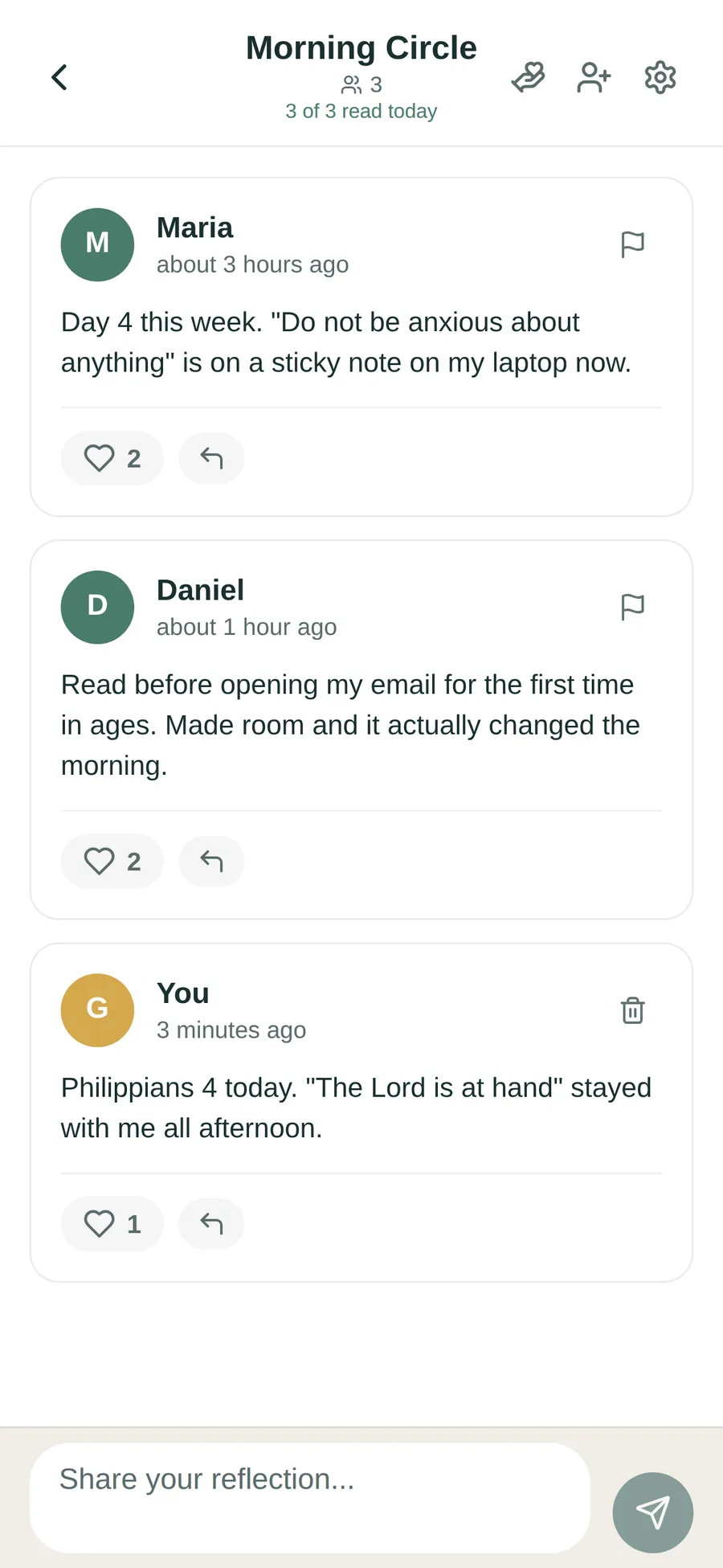 A Circle called Morning Circle where three members share what stayed with them from today’s reading