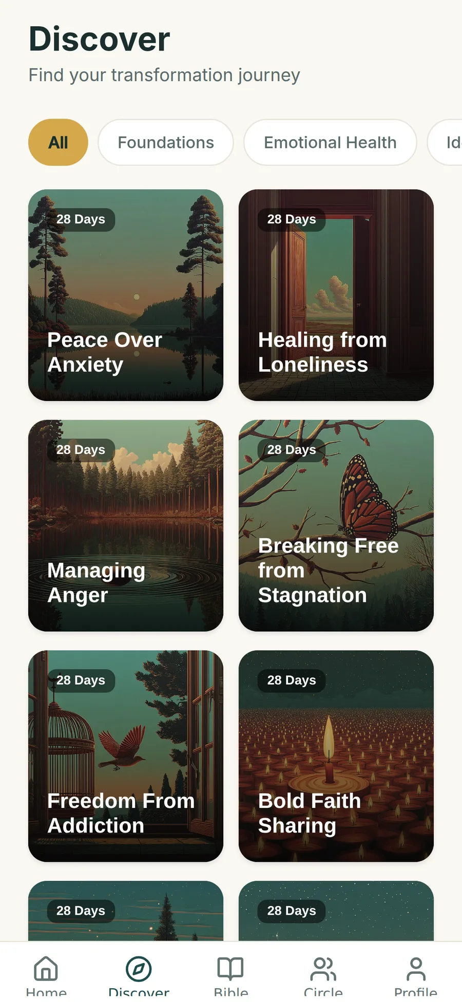 Discover: illustrated 28-day journeys including Peace Over Anxiety, Healing from Loneliness and Managing Anger