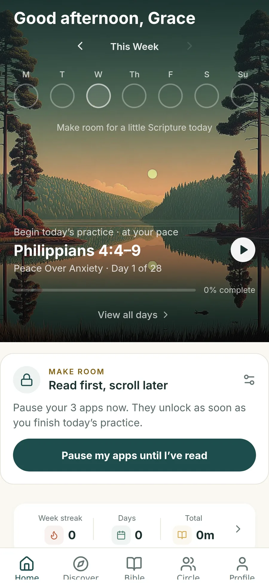Threshold Home: this week’s four-day rhythm, today’s passage from Philippians 4, and the Make room card to pause distracting apps until you’ve read