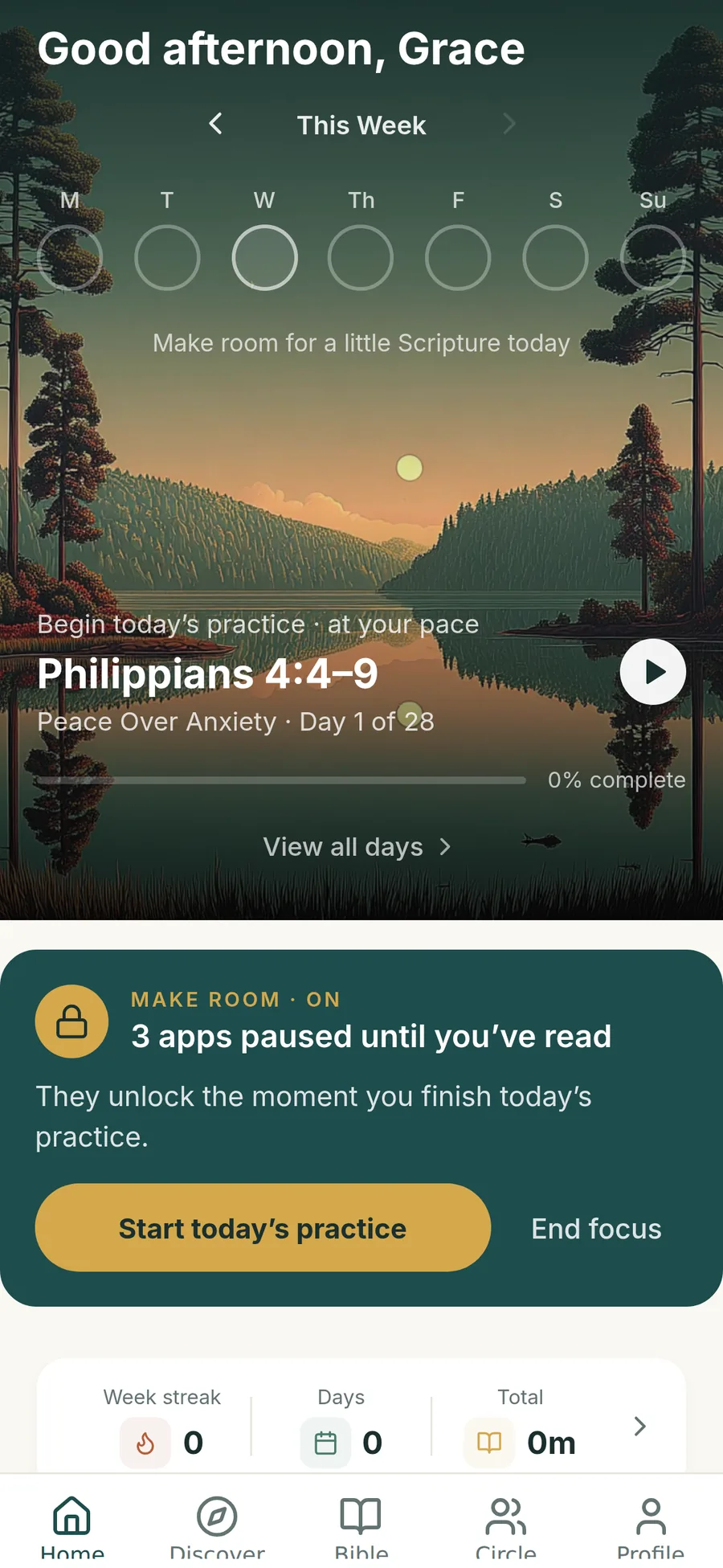 Home with Make room on: 3 apps paused until you’ve read, with Start today’s practice and End focus buttons