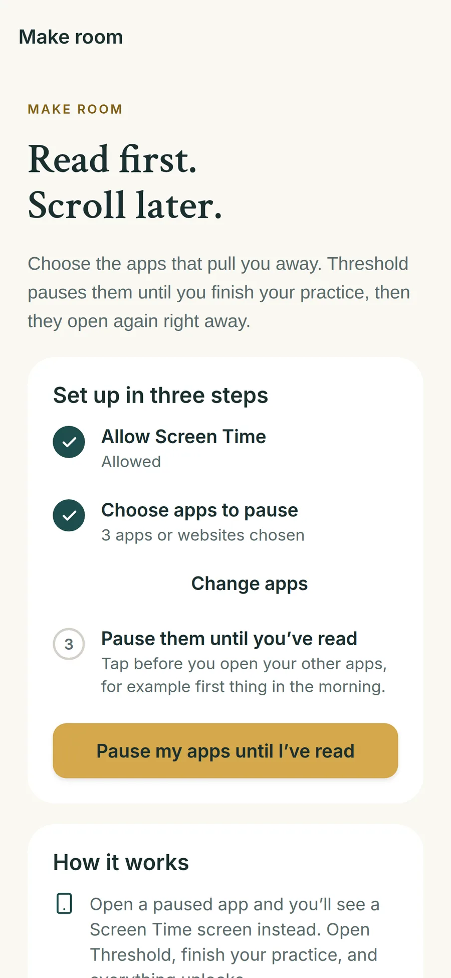 Make room setup: Allow Screen Time, choose apps to pause, then pause them until you’ve read