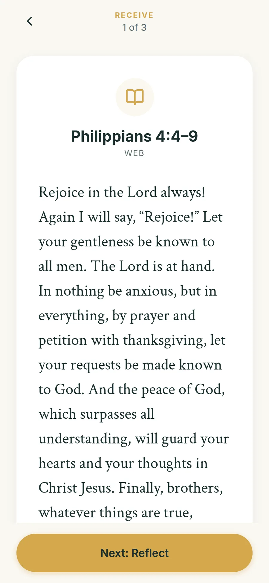 Receive screen showing Philippians 4:4–9