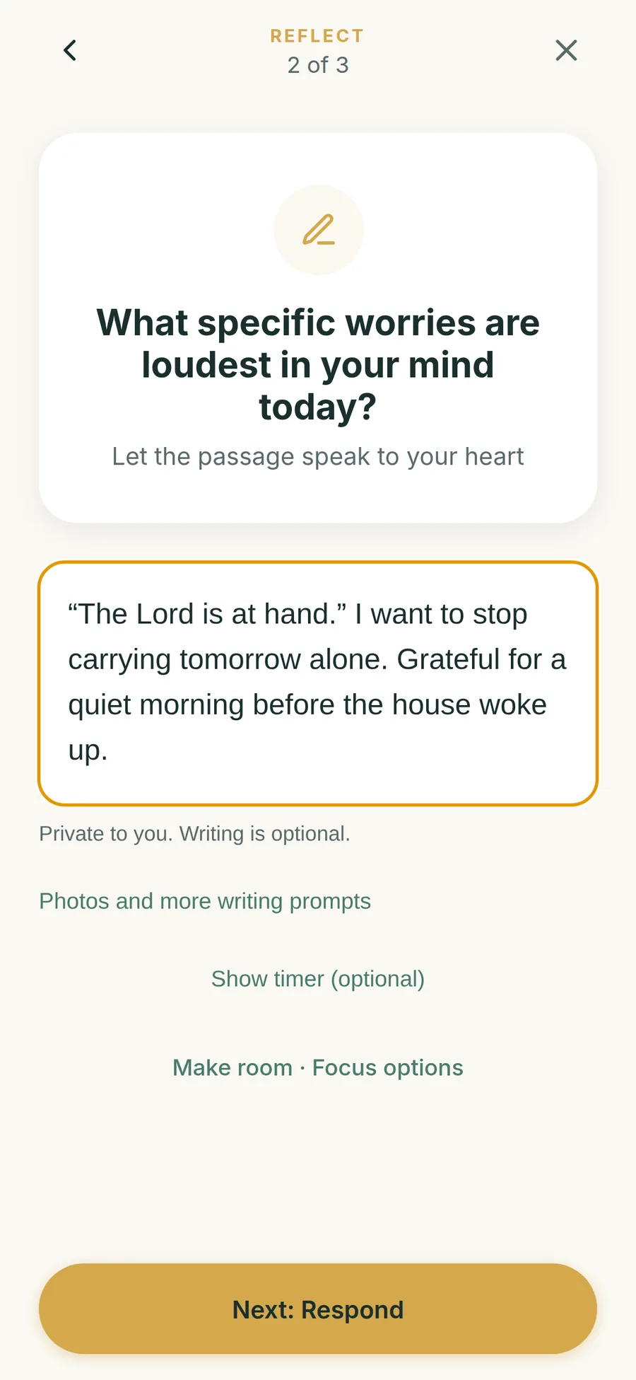 Reflect screen asking What specific worries are loudest in your mind today, with a private written reflection