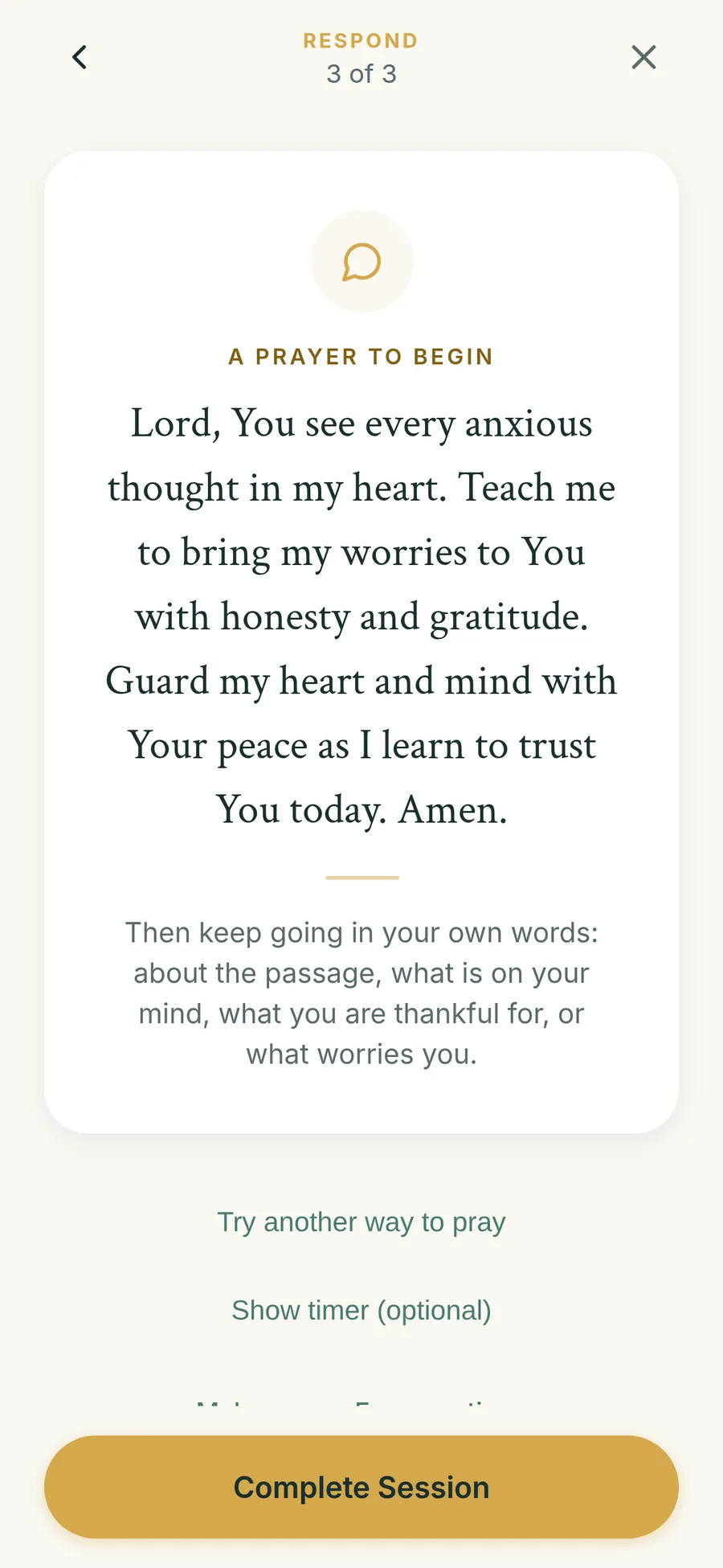 Respond screen with a prayer to begin, based on Philippians 4